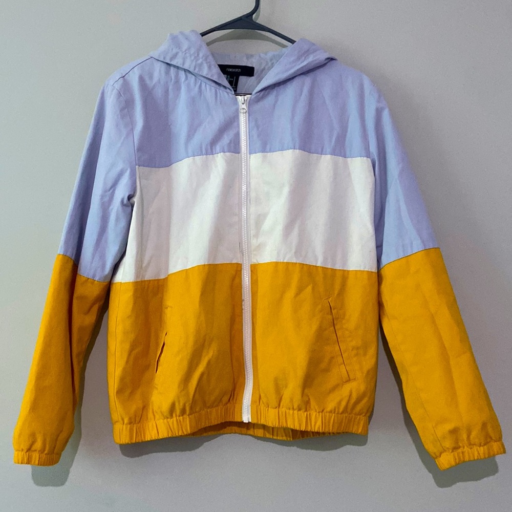 Forever 21 Color Block Blue White and Yellow Windbreaker/Spring Jacket